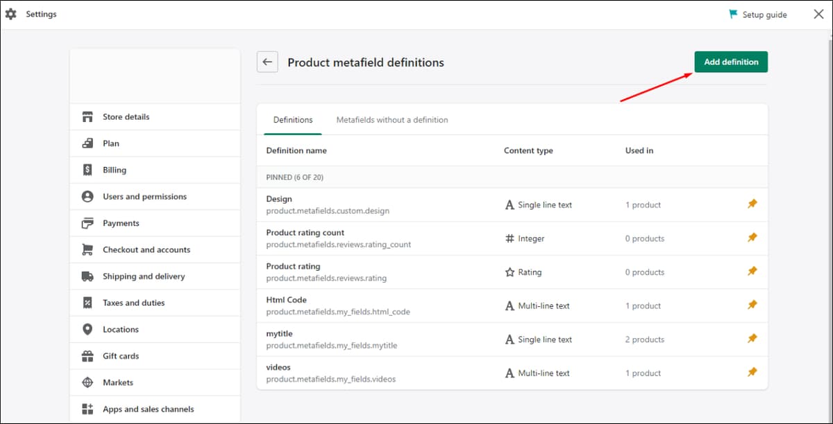 Add definition in Shopify metafield