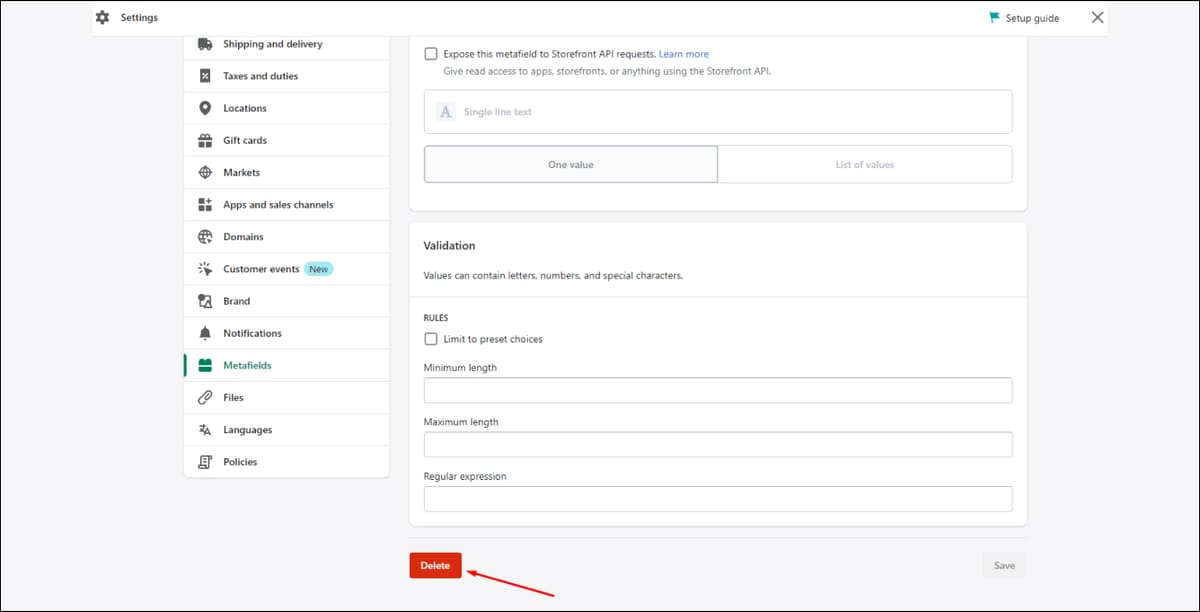 Shopify Metafield Delete button