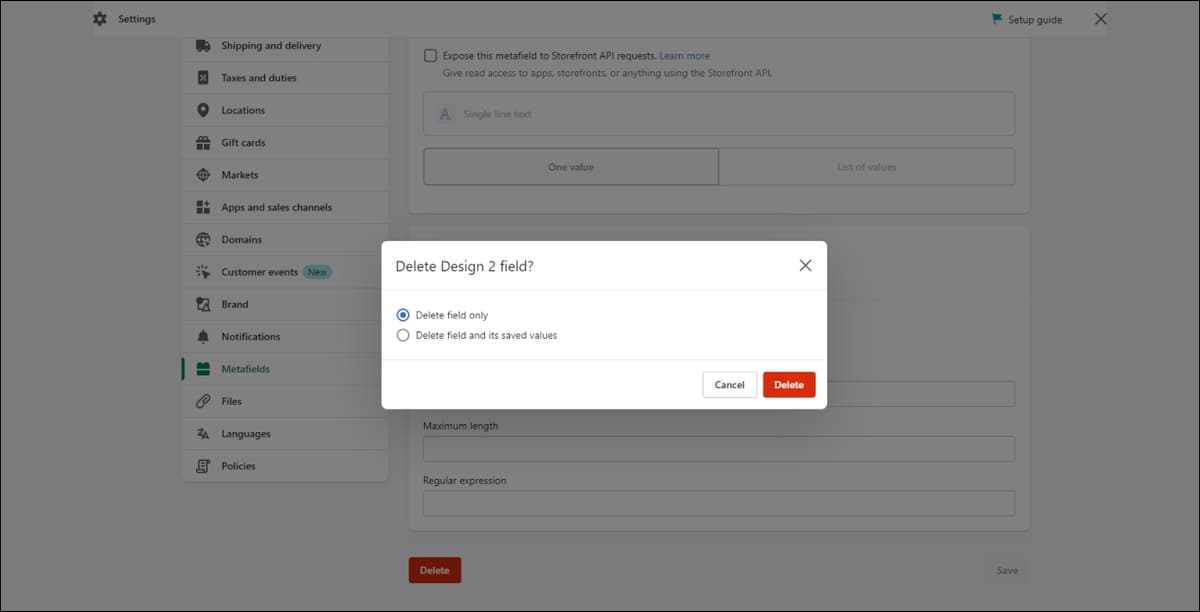 Shopify Metafield Delete