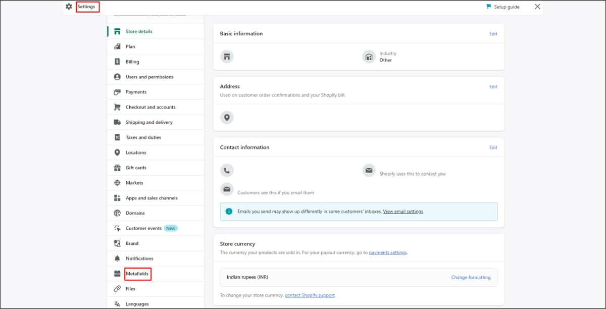 Shopify Metafield Settings