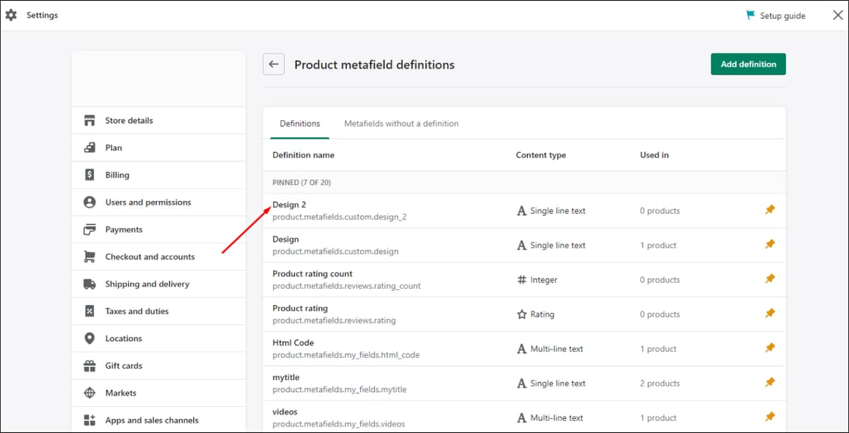 product metafield definitions