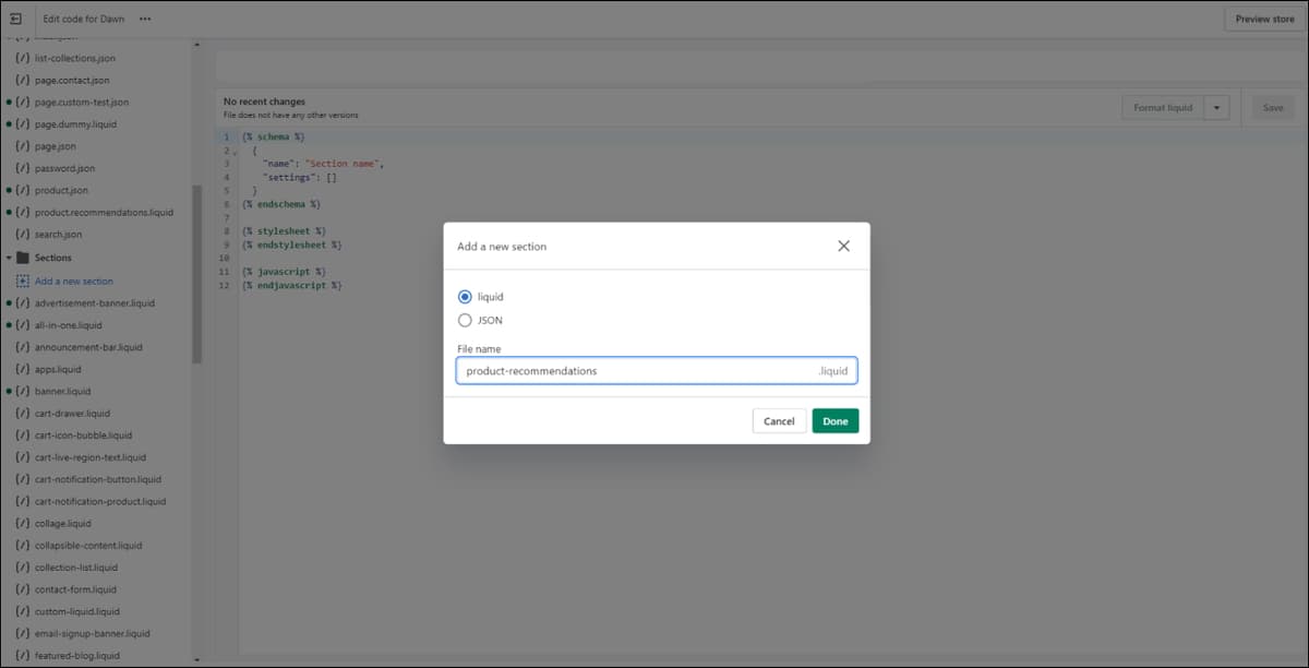 Shopify Create New Section
