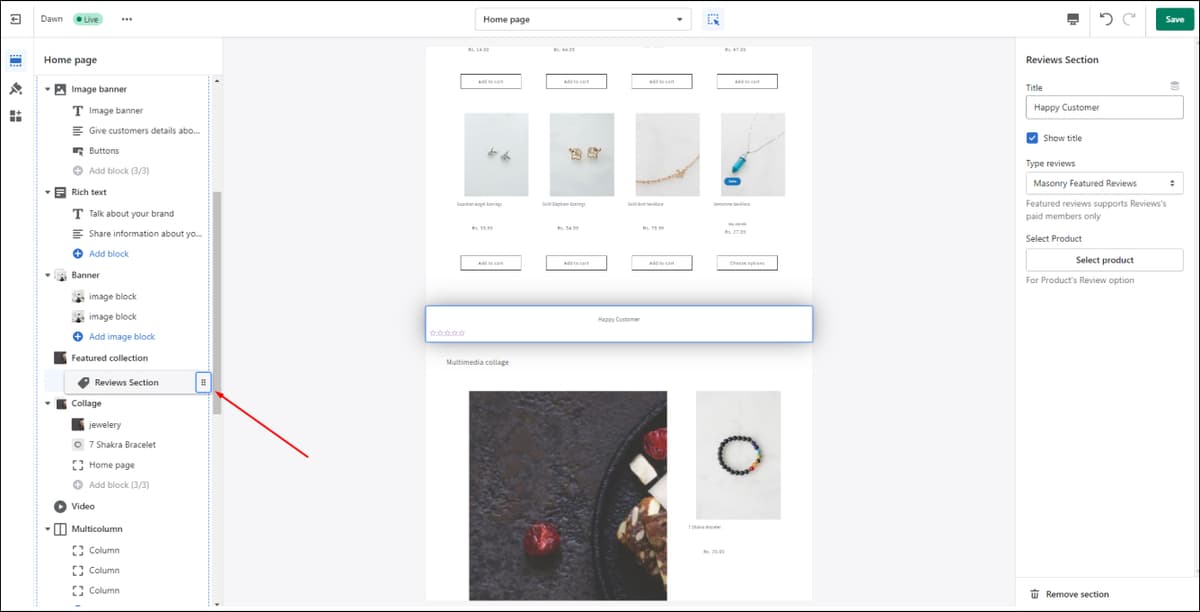 Shopify Move Reviews Section