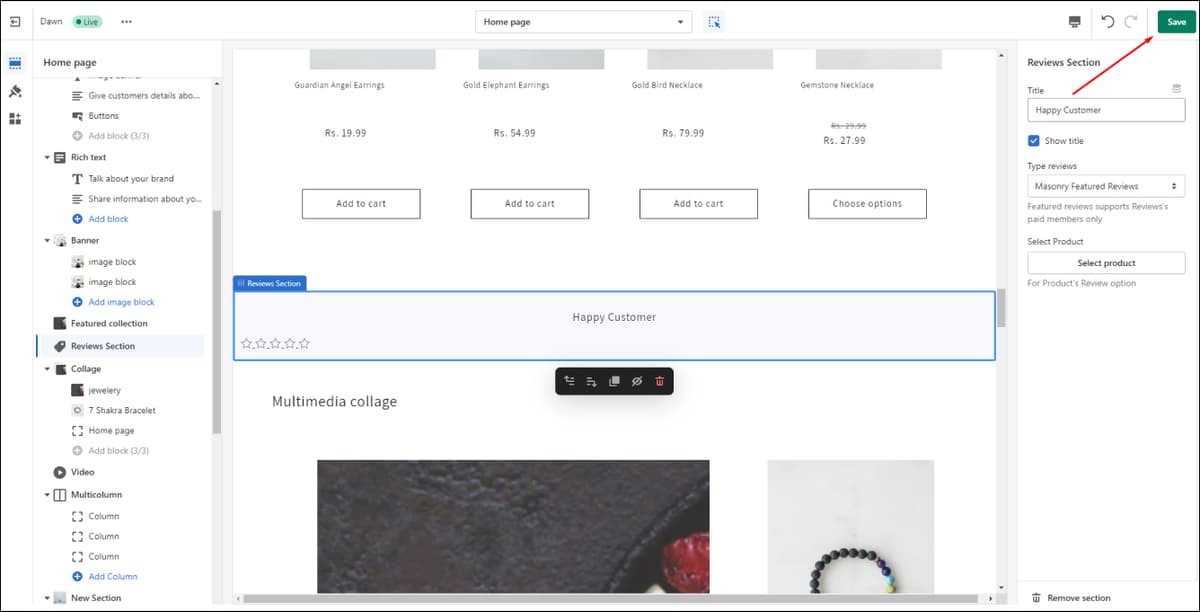 Shopify Reviews Section Save