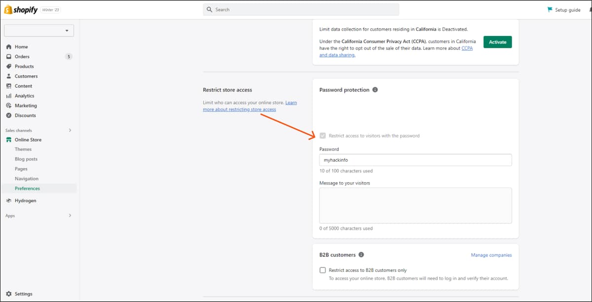 Shopify Enable Password