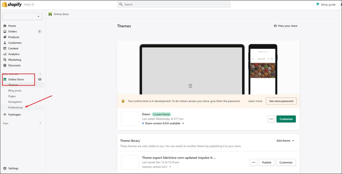 Shopify Preferences Settings