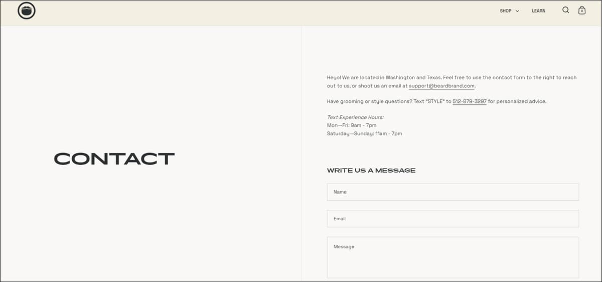 Beardbrand Contact Us Page Example