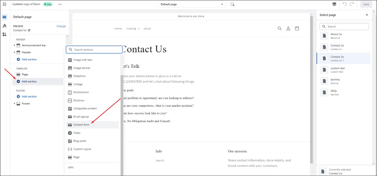 Shopify Add Contact Form