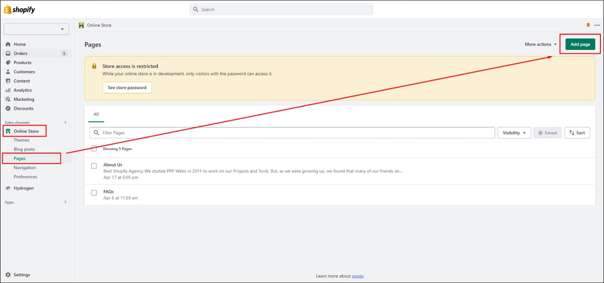 Shopify Add Page