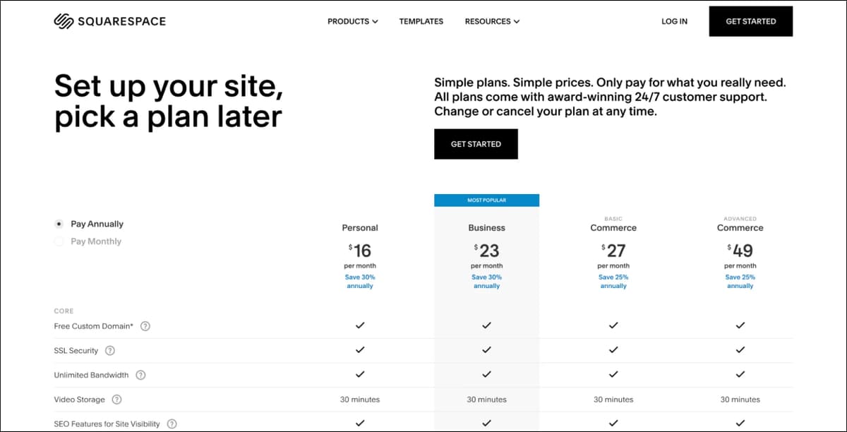 Squarespace Pricing Plans