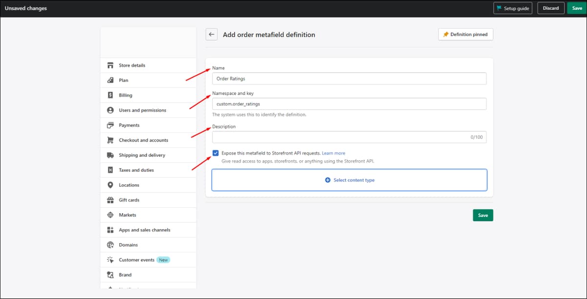 Order Metafield Definition Details