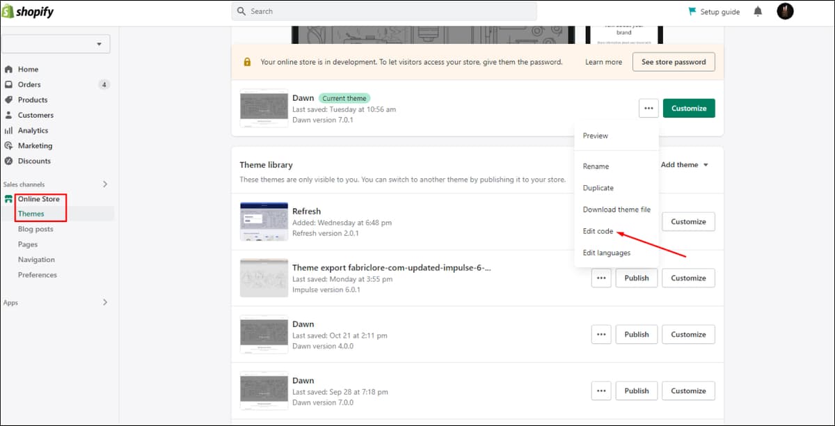 Shopify Store Edit code