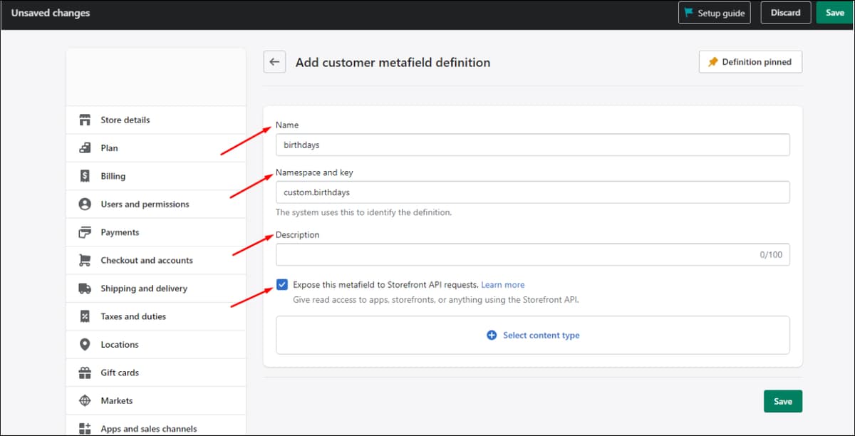 Shopify customers metafield definition details