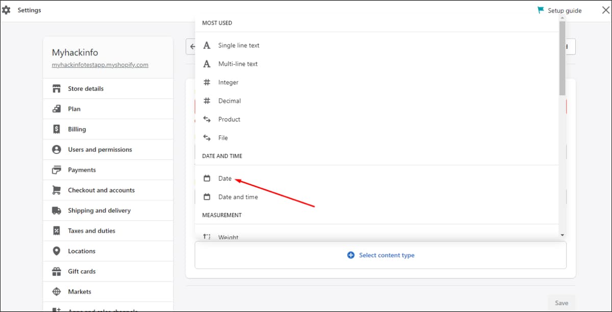 Shopify customers metafield select content type