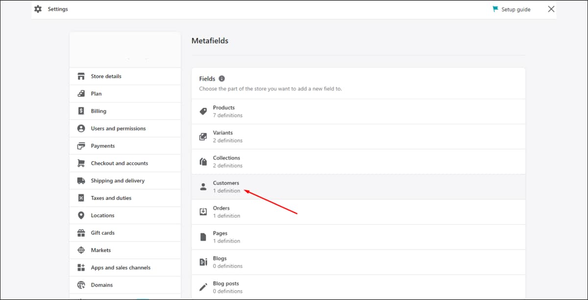 Shopify customers metafield select