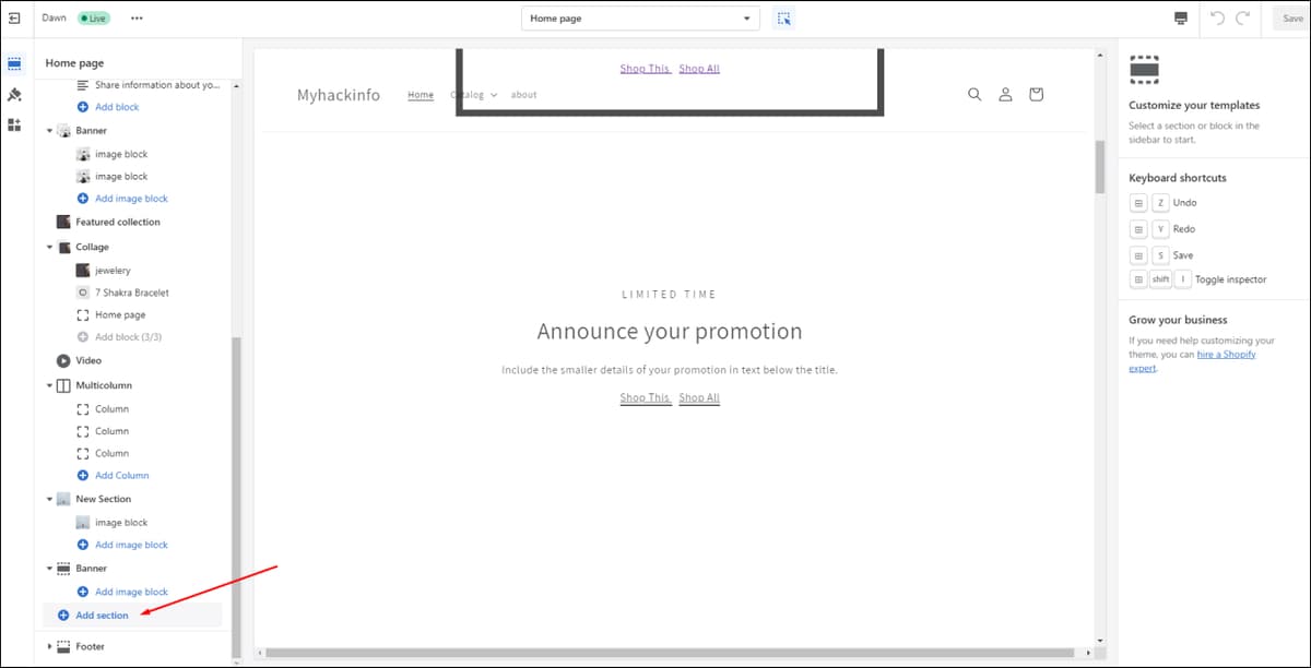 Shopify Add Section in Page Template