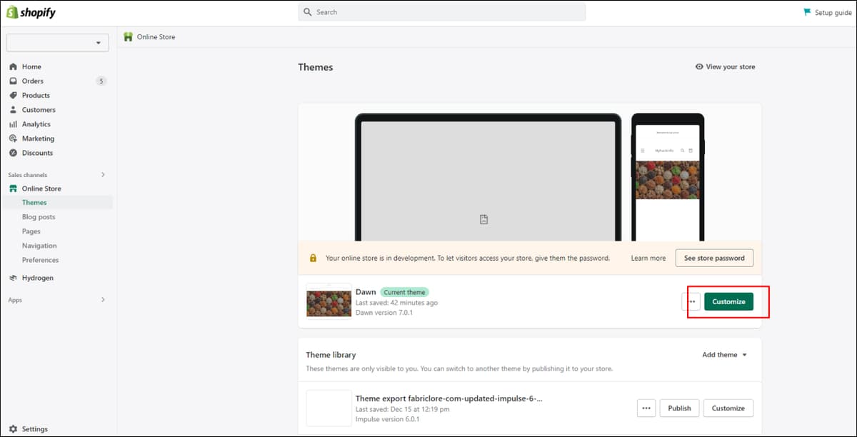 Shopify Dashboard Customize