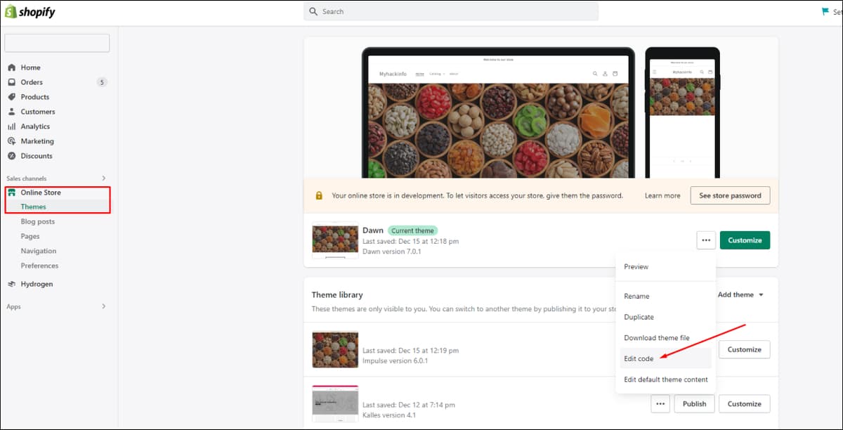 Shopify Dashboard Edit Code