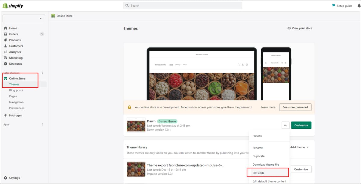 Shopify Edit Code