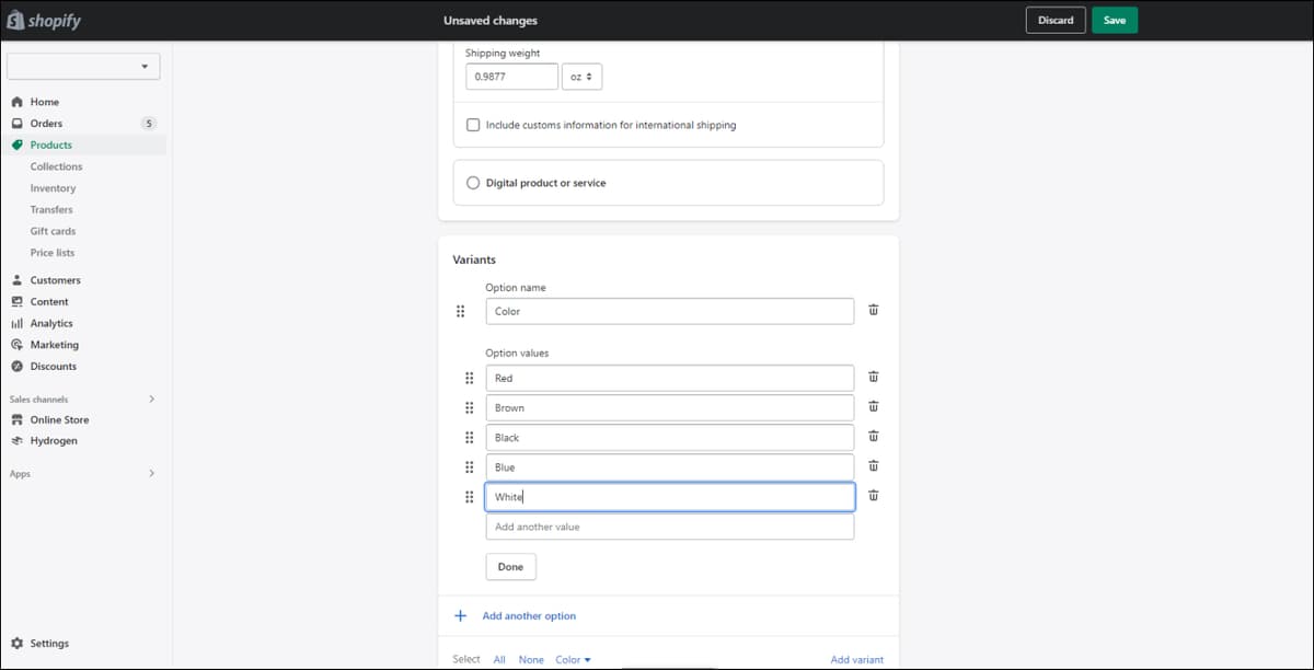 Shopify Add Variant Options