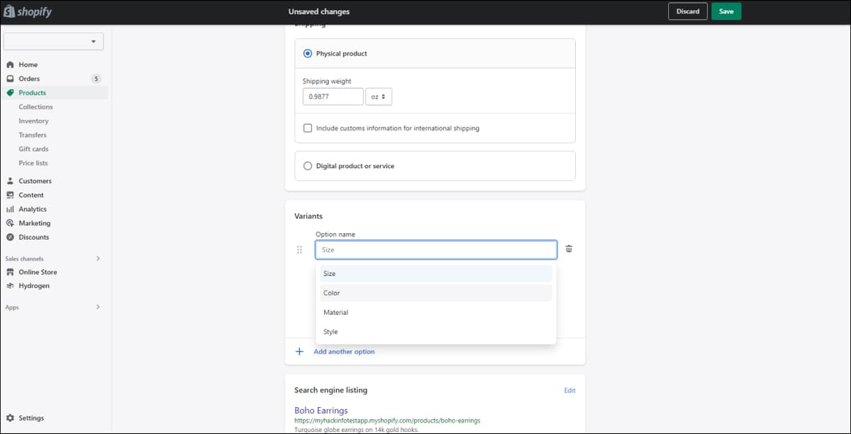 Shopify Add Variant Options