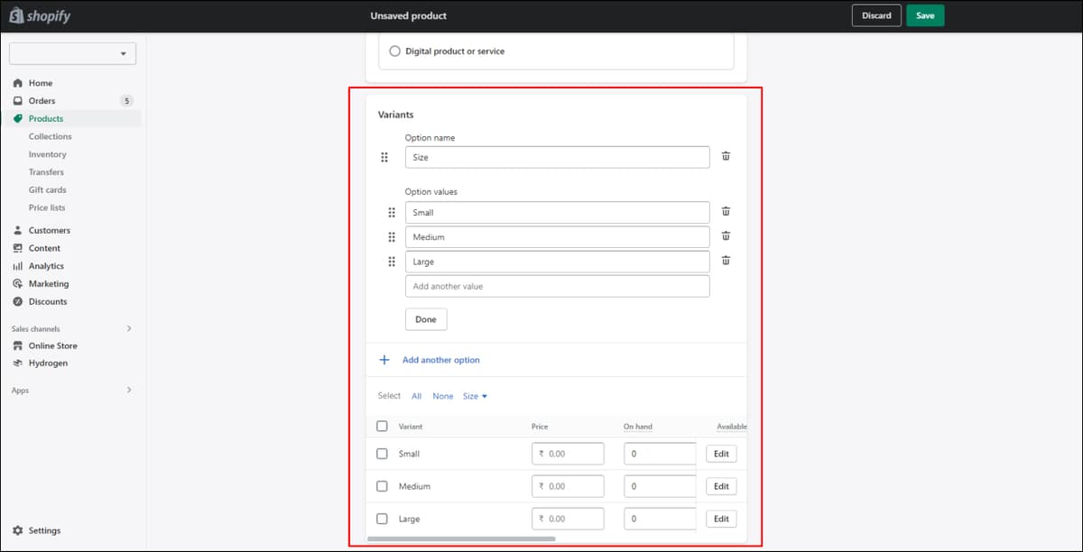 Shopify Add Variants