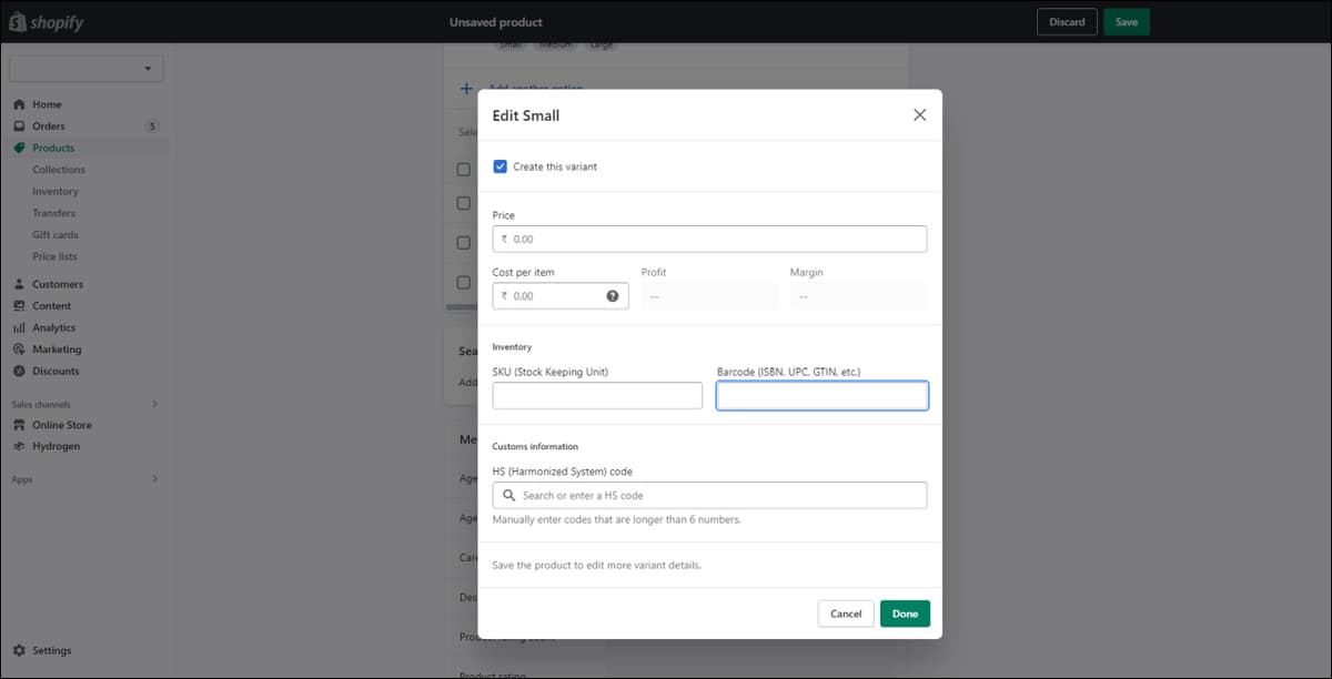 Shopify Edit Variant Details