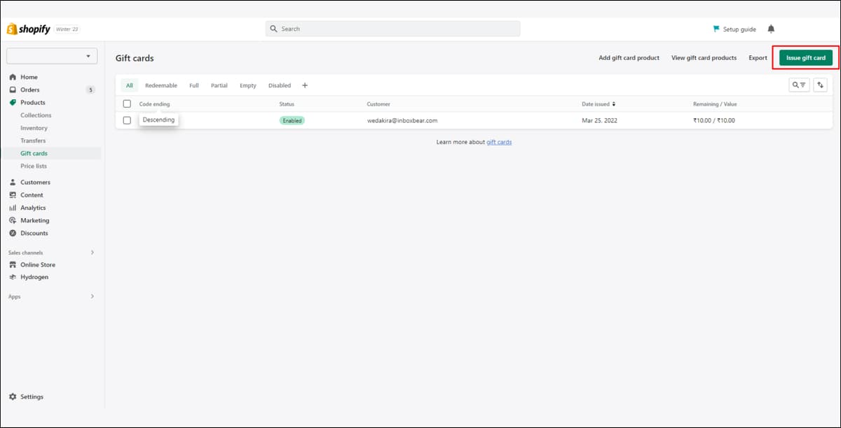 Shopify Gift Card Issue