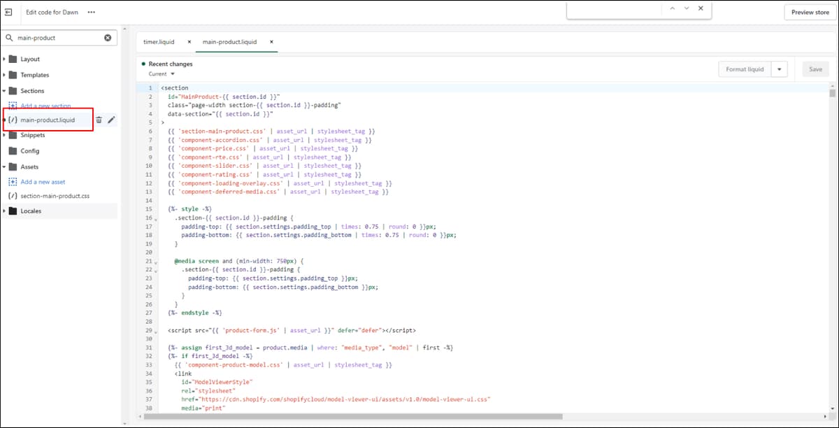 Shopify main product file