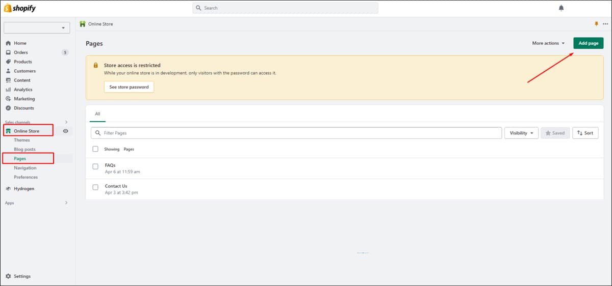 Shopify Add Page