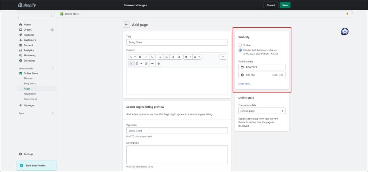 Shopify Page Set Visibility