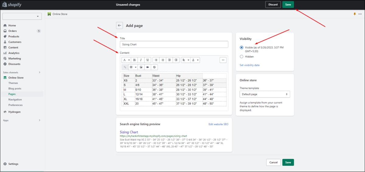 Shopify Add Size Chart Page