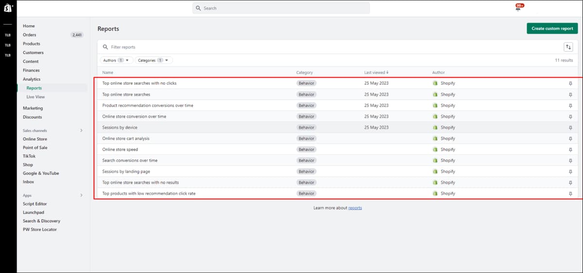 Shopify Behavior Reports
