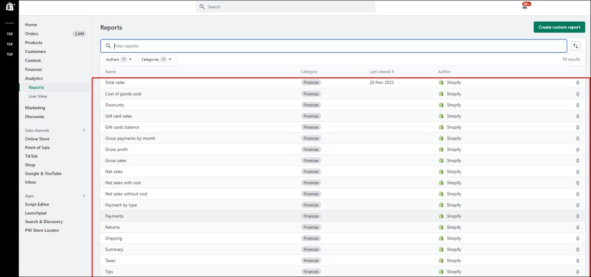 Shopify Finances Reports