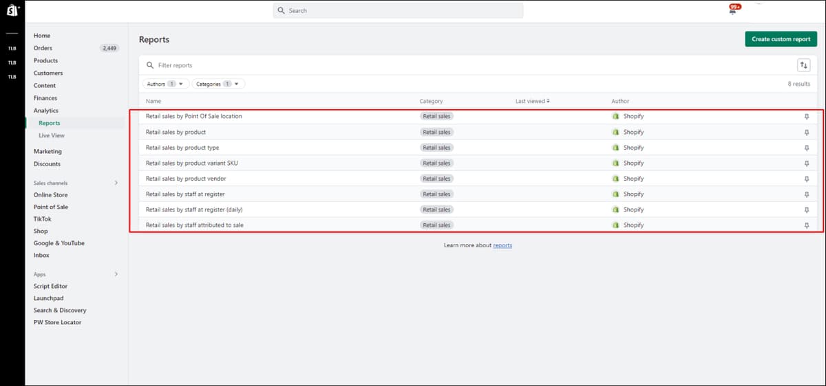 Shopify Retail Sales Reports