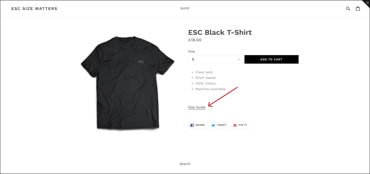 Shopify Size Guide on product page