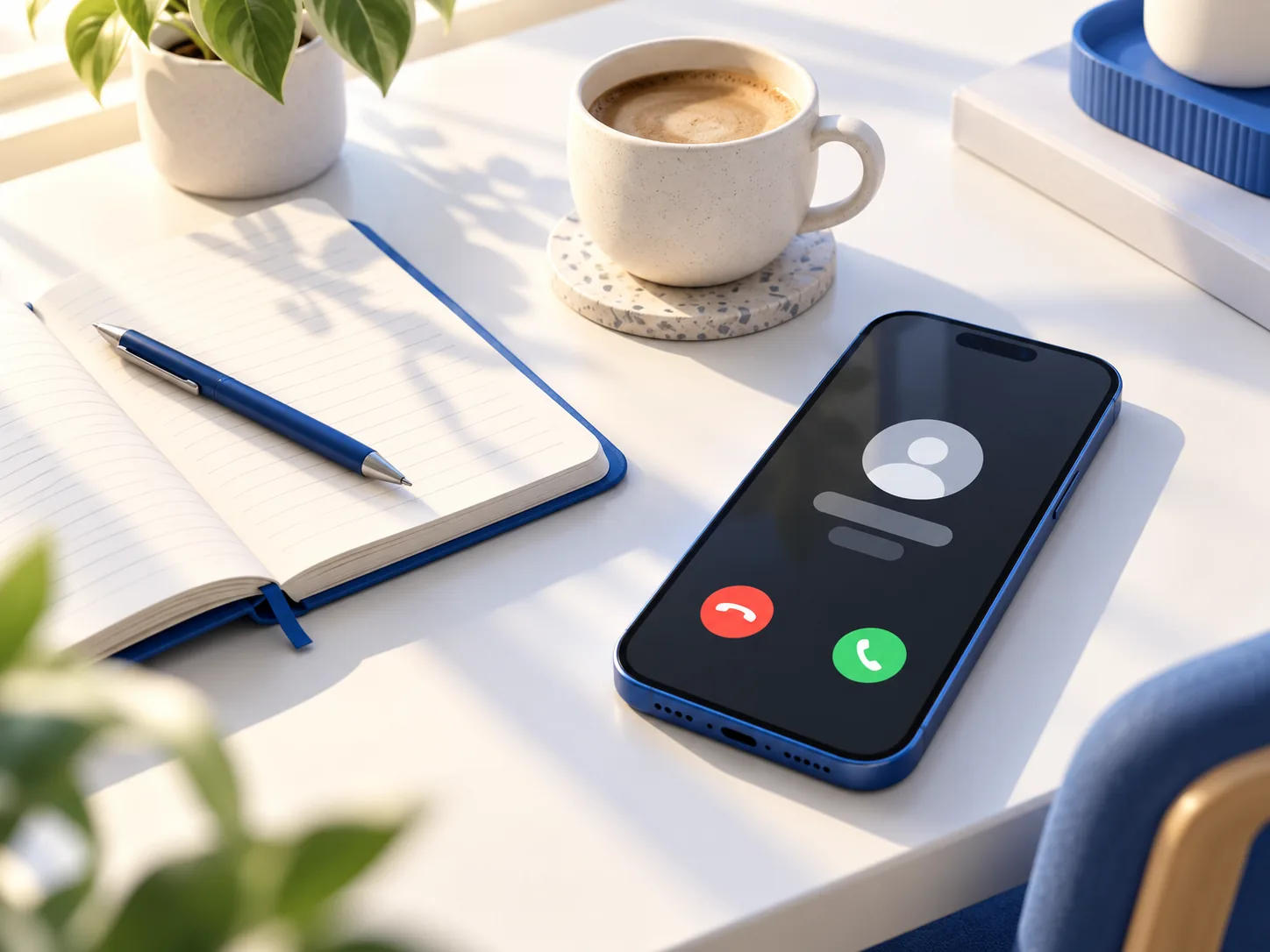 A desk with a notebook, coffee and an incoming call