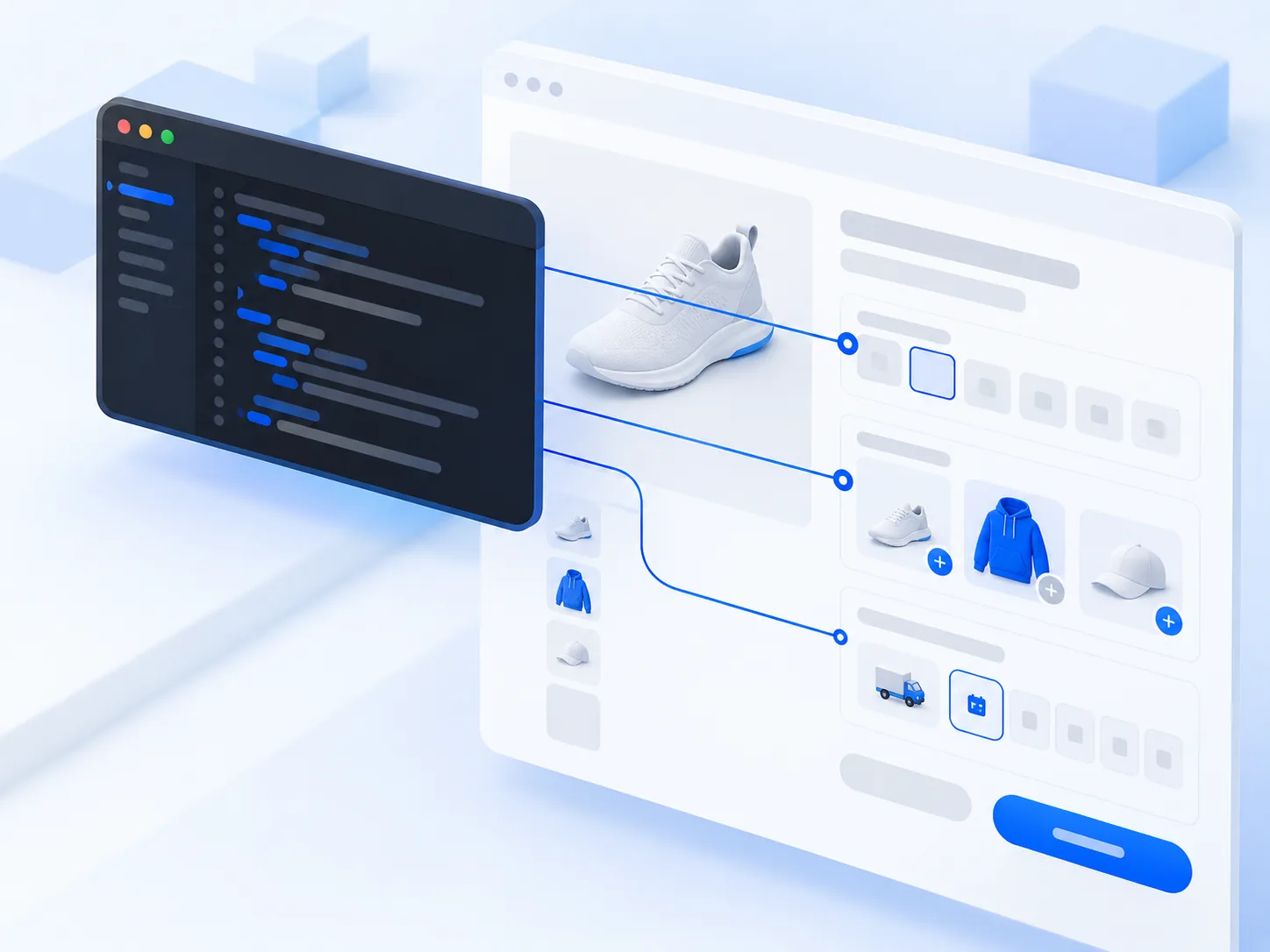 Custom code connected to product page features such as size options and bundles
