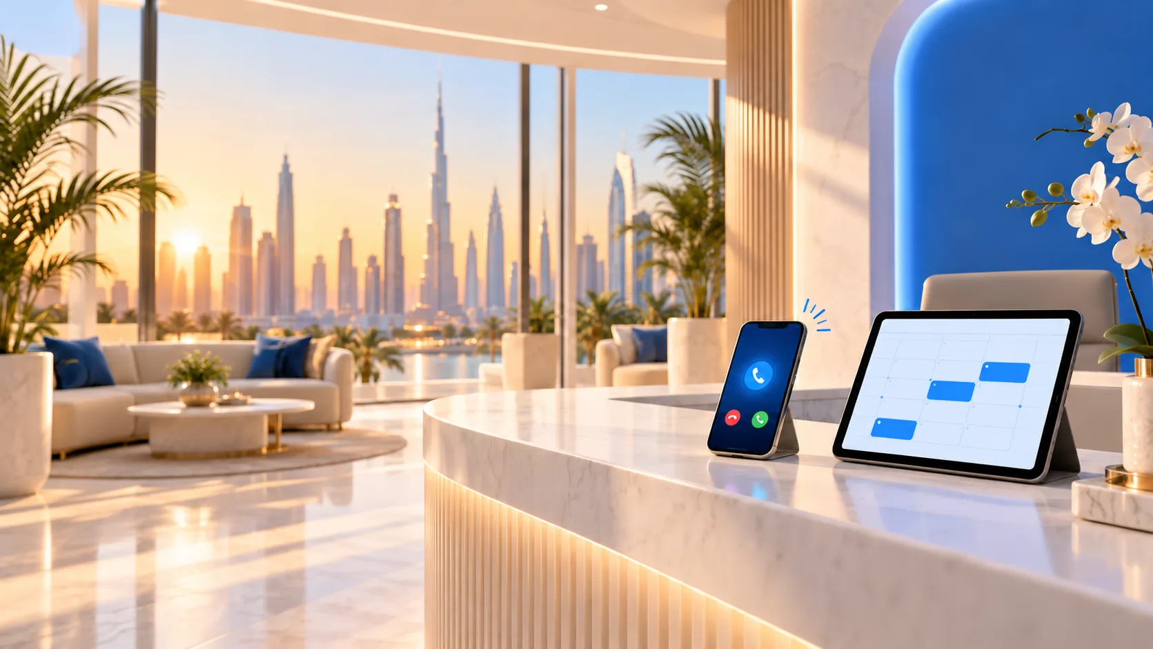 A Dubai clinic reception with the skyline outside, a phone ringing and new appointments on a tablet
