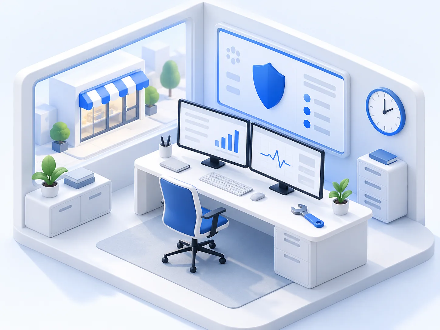 A calm store care desk with security, monitoring and a maintenance toolkit