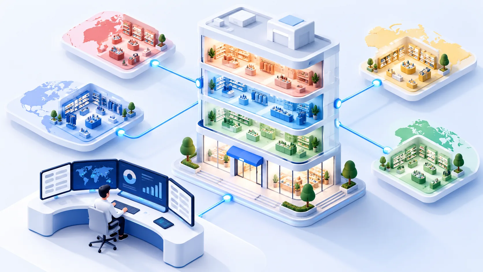 One large Shopify Plus store connected to several markets and a control desk