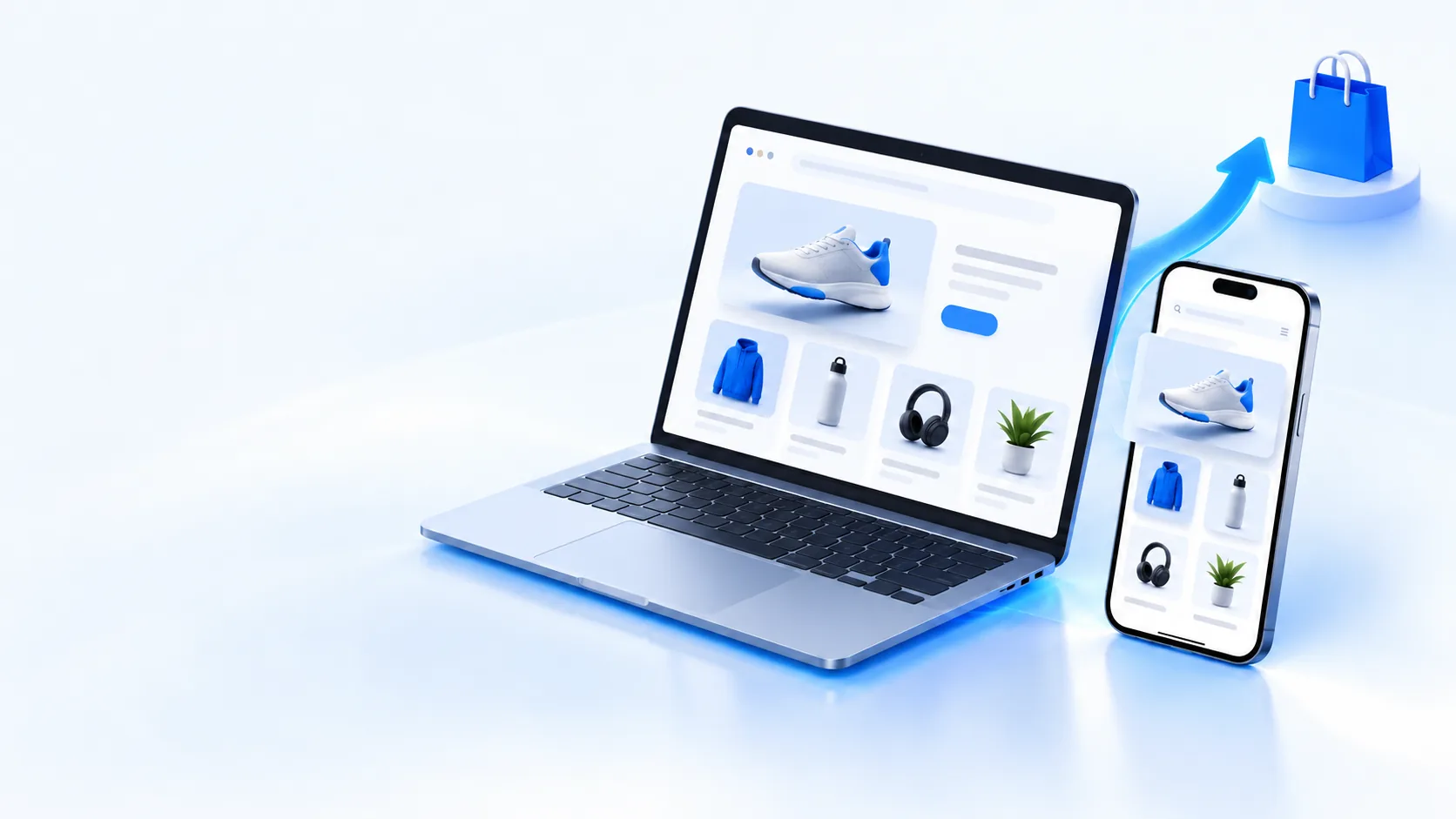 An online store on a laptop and phone with a rising path to a shopping bag