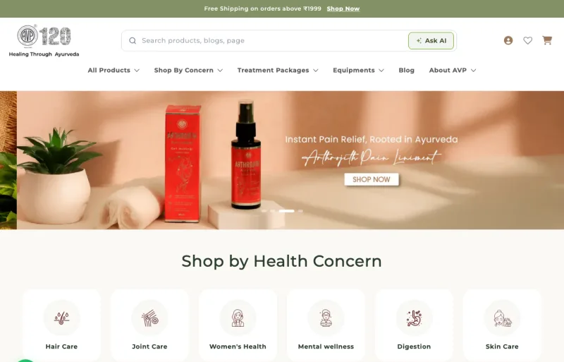 AVP Ayurveda Shopify store built by PRP Webs