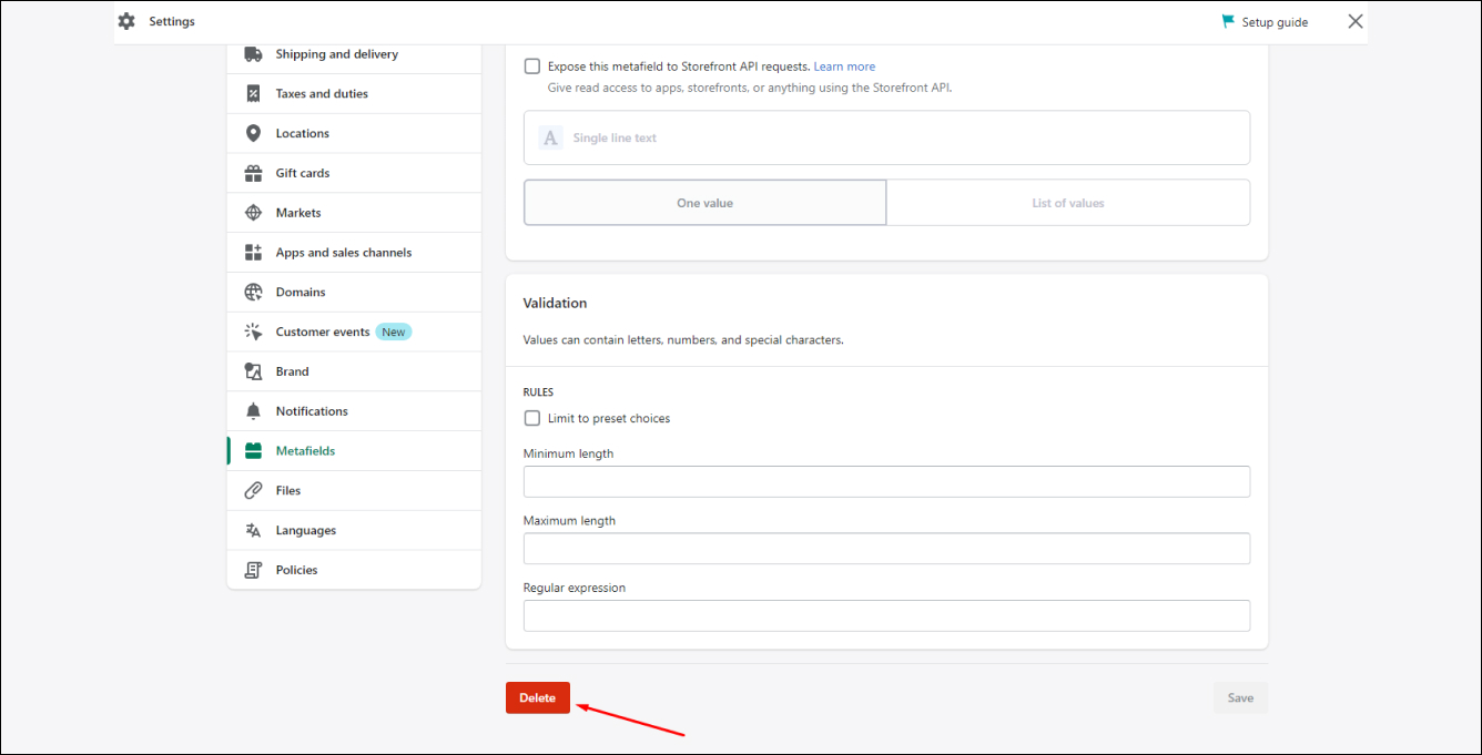Shopify Metafield Delete button