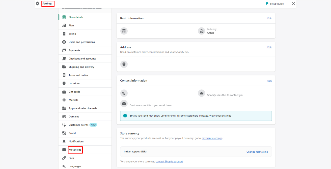 Shopify Metafield Settings