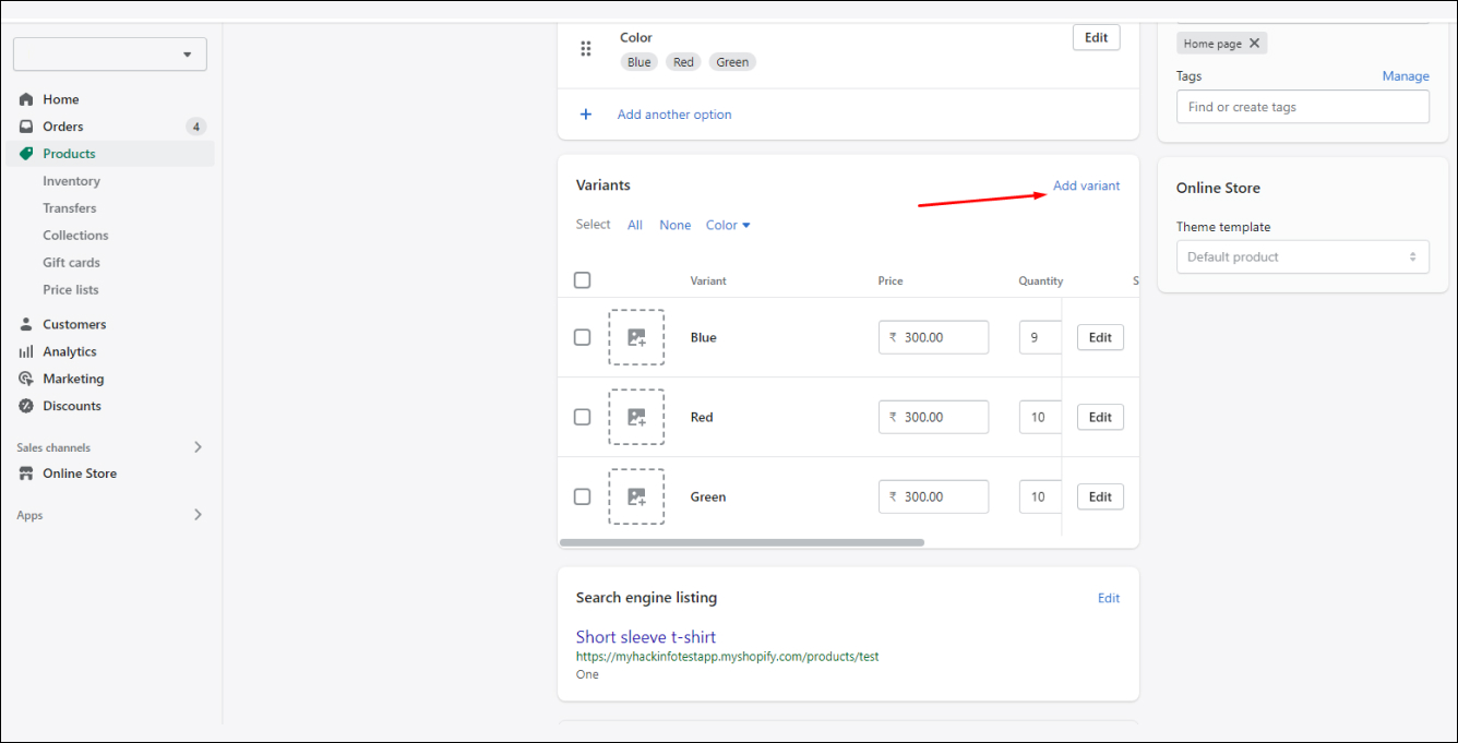 Shopify add Variant