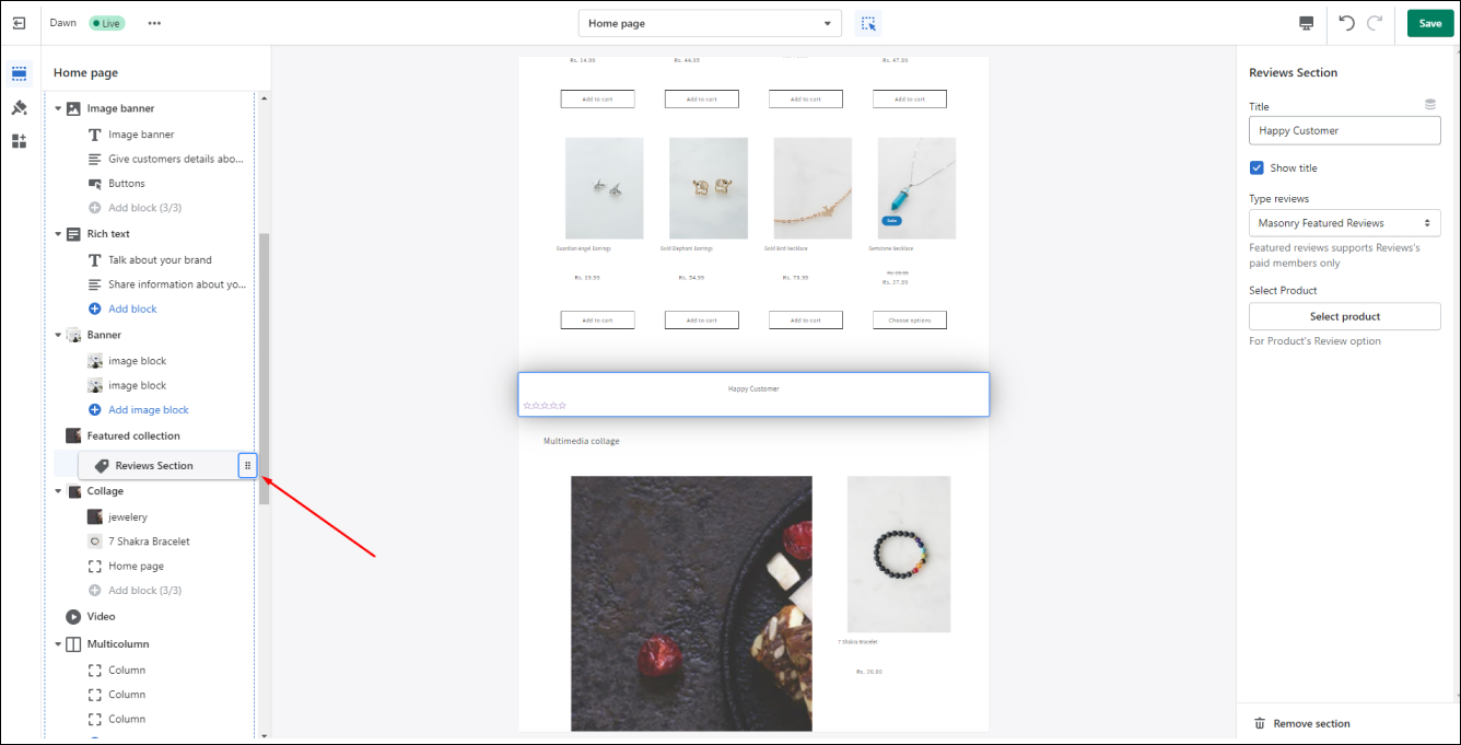 Shopify Move Reviews Section