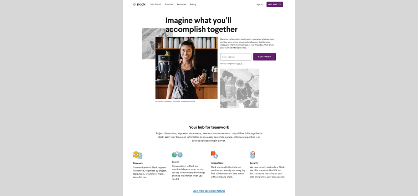 Slack Landing Page example