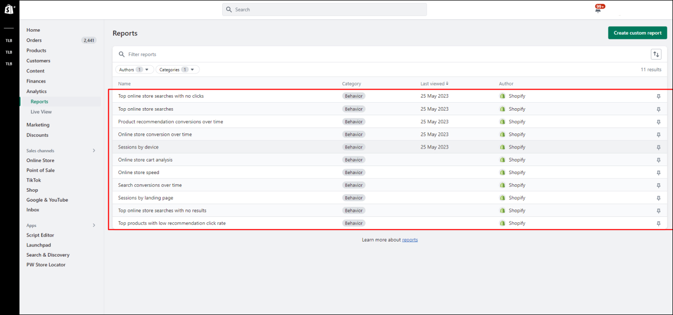 Shopify Behavior Reports